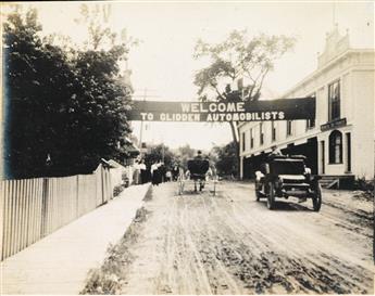 (AUTO RACING) Album with 100 photographs of men and women racing and enjoying their automobiles in small towns and the countryside.